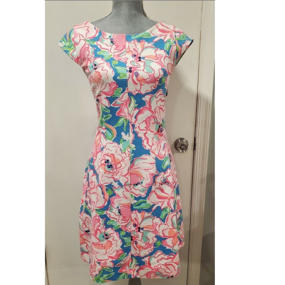 Lilly Pulitzer XS‎ Floral Print Sleeveless Dress Pink Blue White